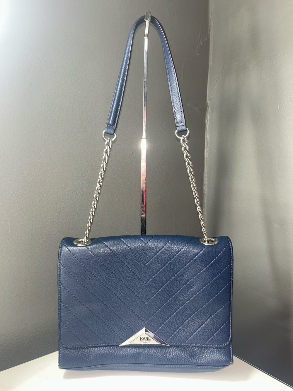 Karl Lagerfeld Paris GG Blue Quilted Chevron Pattern Shoulder Bag